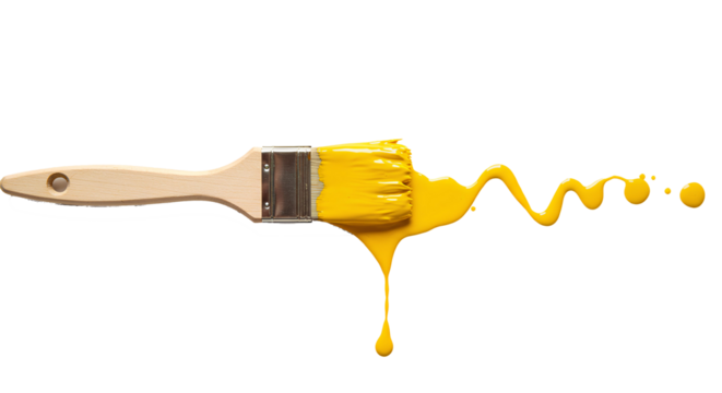 Paintbrush and yellow paint splatter PNG. Paintbrush coated with yellow paint splatters around it, perfect for art projects, creative designs, or wall painting advertisements. Yellow paint on brush