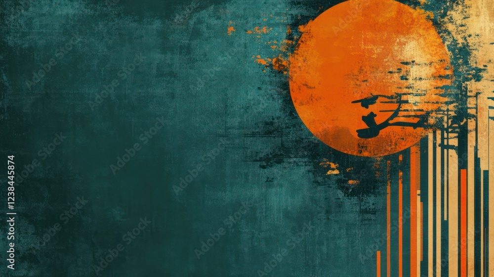 Poster a dynamic grunge-style background with distressed textures and dark tones mixed with pops of orange 