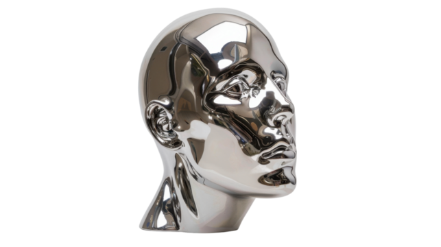 Chrome human head bust reflecting modern artificial intelligence concepts