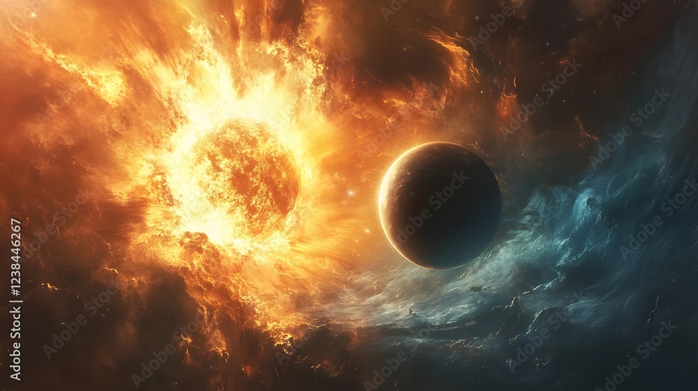Poster cataclysmic cosmic collision ignites a fiery celestial eruption unleashing a dramatic display of exp