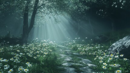 Sunbeams are illuminating a path through a misty forest, surrounded by blooming daisies and lush greenery, creating a serene and magical atmosphere