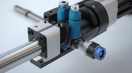 Naklejka premium Pneumatic robotic piston sucker unit integrated into industrial machinery, utilizing compressed air for automated factory production. 