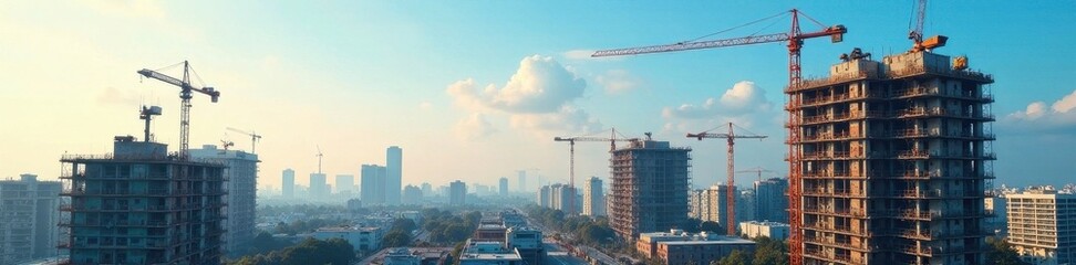 Construction site with cranes and buildings under construction, construction site, foundation, building site