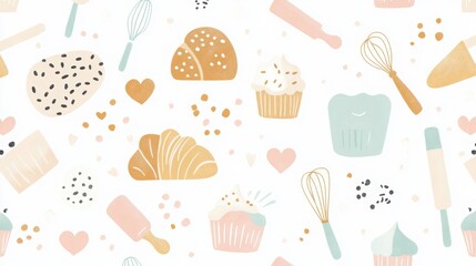 Graphic pattern of bakery product like croissant, cake, cupcake, whisk.