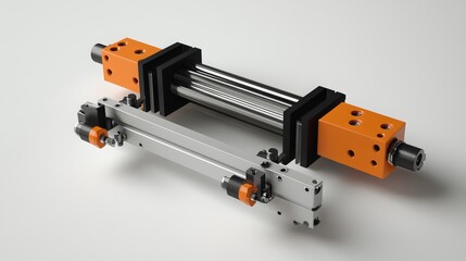 Fototapeta premium Pneumatic robotic piston sucker unit integrated into industrial machinery, utilizing compressed air for automated factory production. 