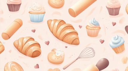 Graphic pattern of bakery product like croissant, cake, cupcake, whisk.