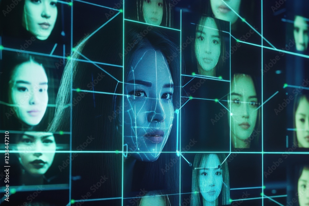 Poster a complex ai system analyzes various faces in a grid layout