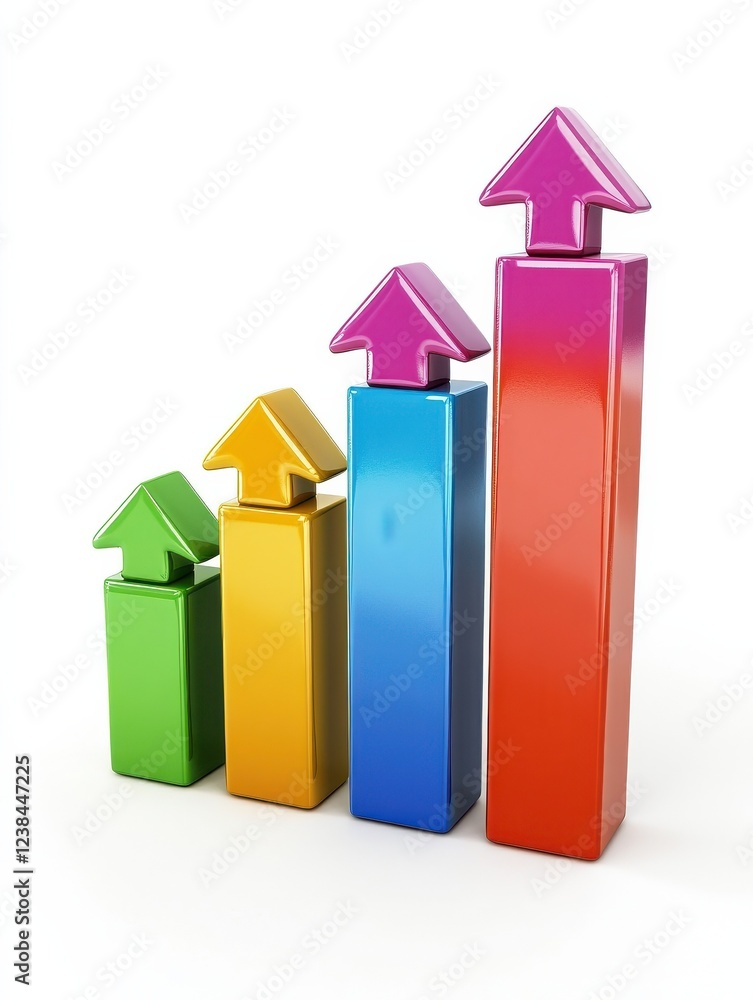 Poster 3d icon of a colorful bar chart with upward arrows, white isolated background for clipping