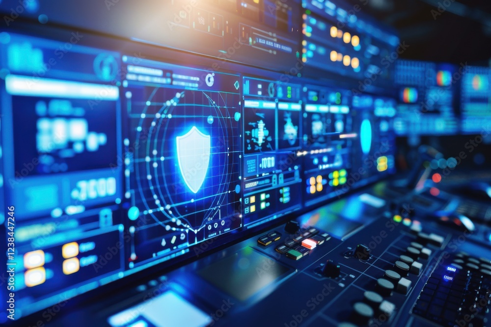 Poster futuristic control room with advanced ai and cybersecurity features