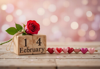 A Wooden Calendar with Red Rose and Heart Decorations For 14 February Happy Valentine Day 