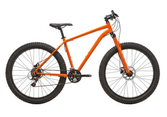 Obraz premium A bright orange mountain bike with thick tires and a lightweight frame, isolated on a white background