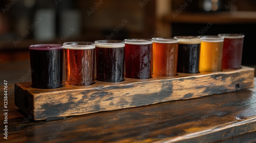 Poster a wooden flight of assorted craft beers displayed on a rustic table in a cozy brewery setting
