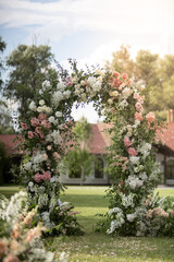 Wedding ceremony. Very beautiful and stylish wedding arch, decorated with various fresh flowers, standing in the garden.