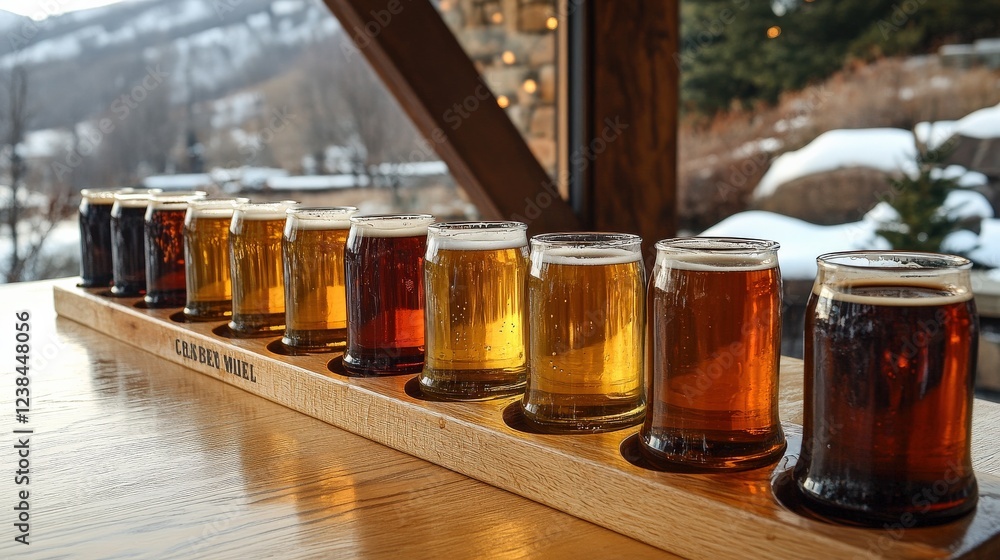 Poster a wooden flight of craft beers displayed on a table with a snowy mountain view in the background