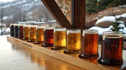 A wooden flight of craft beers displayed on a table with a snowy mountain view in the background
