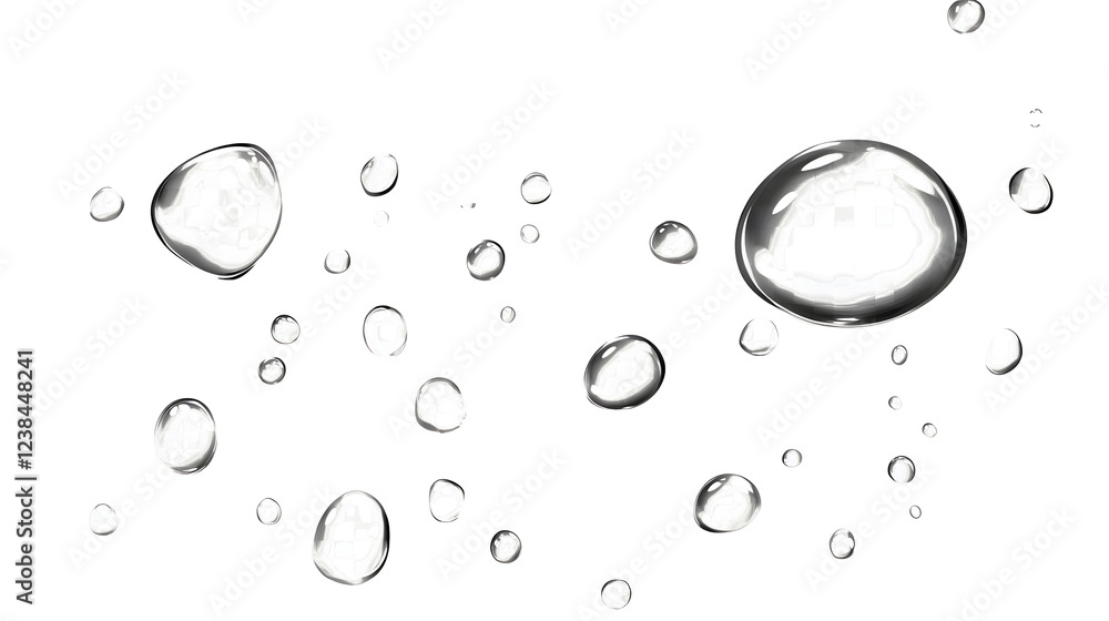 Poster Flowing crystalline water droplets cascading and rippling over a smooth reflective surface in a tranquil minimalist visual composition  The droplets refract and shimmer creating an abstract