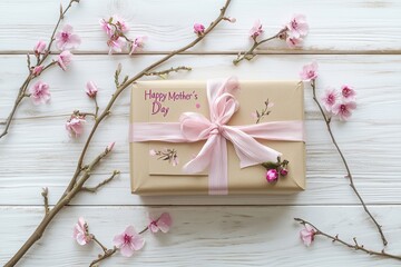 A beautifully wrapped gift box with pink flowers and a ribbon on a wooden background.