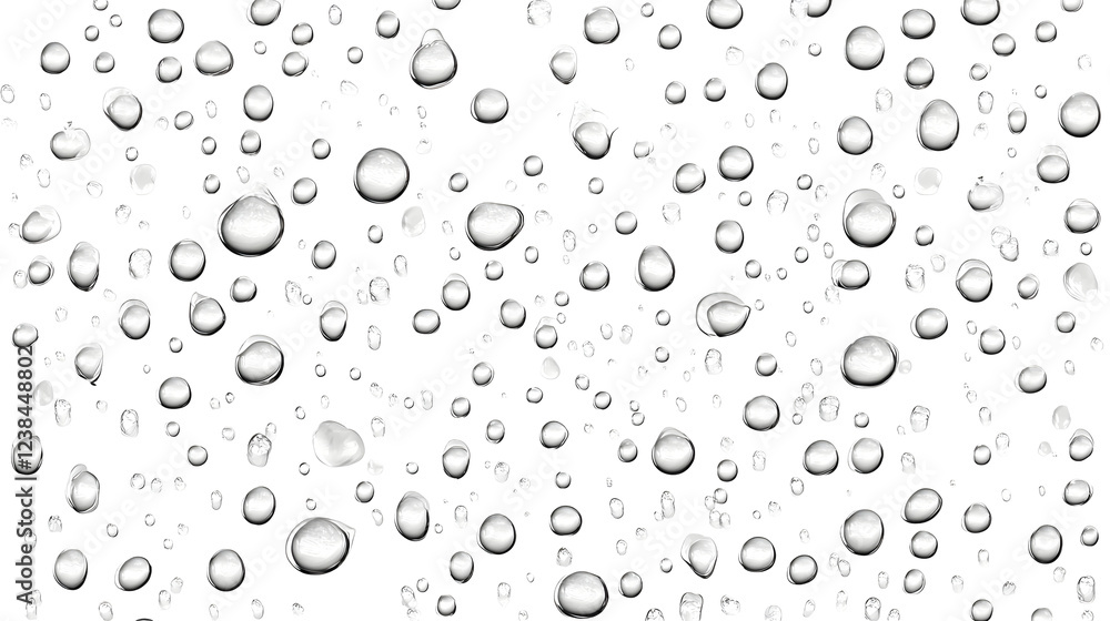 Poster Macro view of detailed water droplets or dew on a smooth transparent surface with a minimalist and abstract white background  Natural liquid crystal texture and reflections