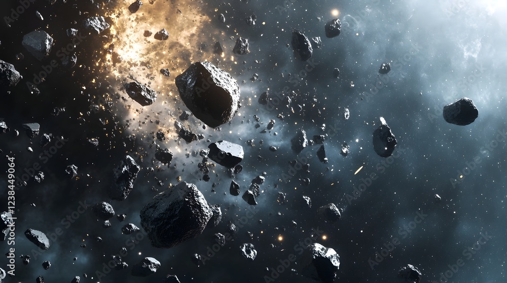 Poster dramatic cosmic asteroid collision explosion with debris shockwaves and bright light in deep space a