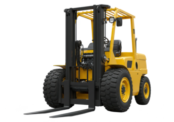 A yellow industrial forklift with a robust build and black tires, isolated on a white background
