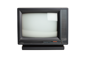 PNG cut out isolated background. A classic black CRT television set from the late 20th century, featuring a curved glass screen and built-in speaker panel. 