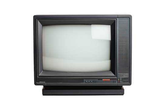 PNG cut out isolated background. A classic black CRT television set from the late 20th century, featuring a curved glass screen and built-in speaker panel. 