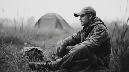 Man sits, contemplating nature, near tent, misty field; camping solitude