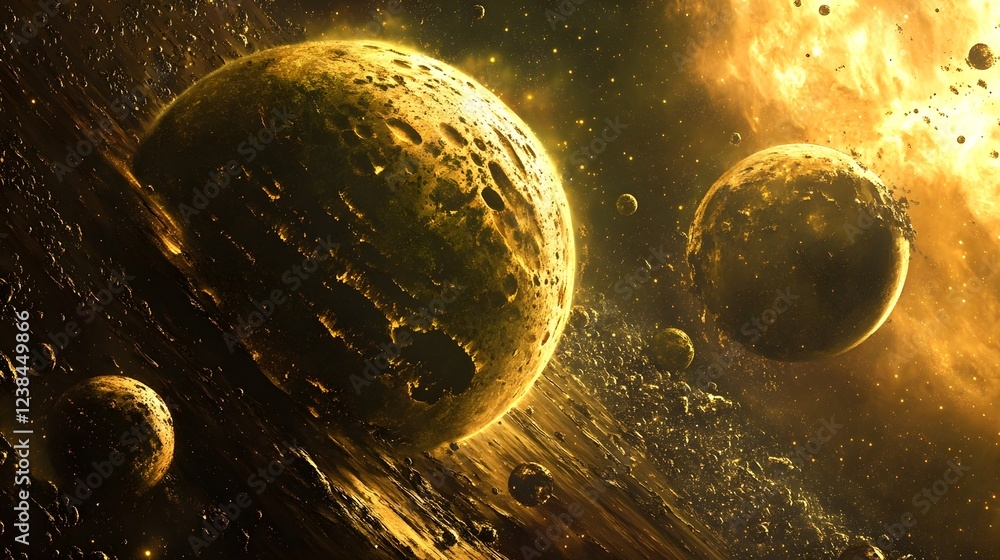 Poster dramatic cosmic explosion in a vast celestial nebula with glowing planets asteroids and other debris