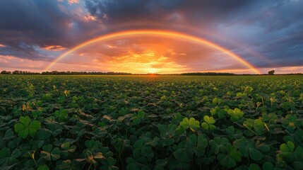 Obraz premium Rainbow Arcing Over Sunset Field Of Clover