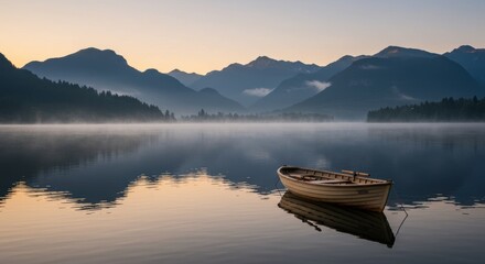 Tranquil photo of a small wooden boat floating on a glassy lake with misty mountains in the background at dawn for serene decor