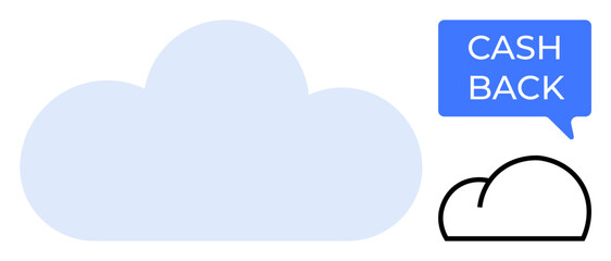 Soft blue cloud and bold CASH BACK text in blue speech bubble. Black outlined cloud symbol. Ideal for finance, technology, offers, rewards, cloud computing, modern business, digital solutions