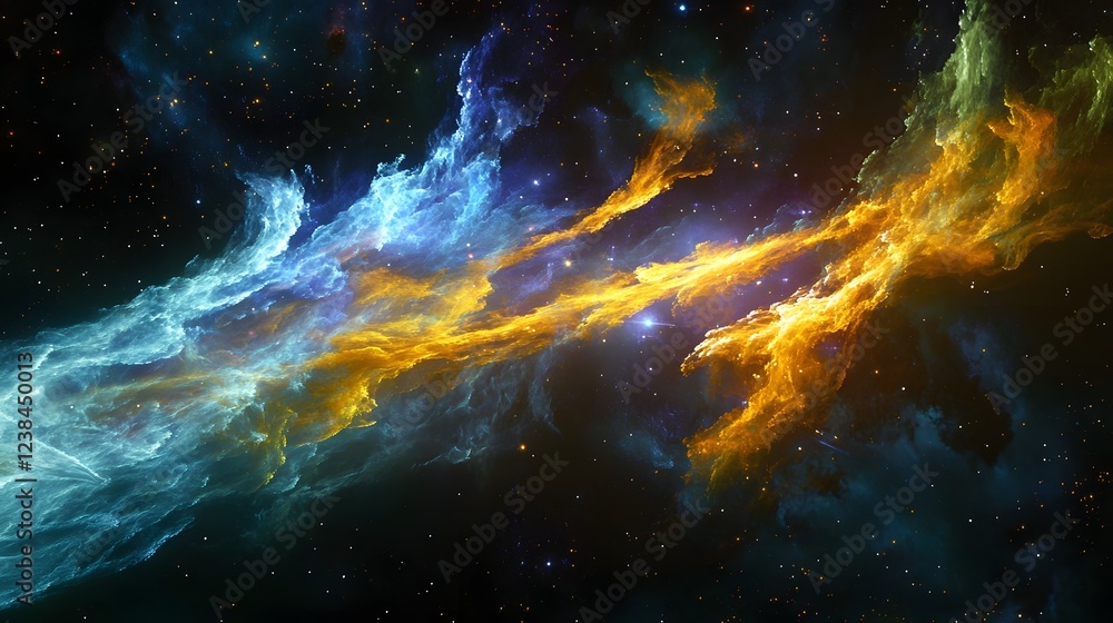 Fototapete dramatic cosmic explosion of vibrant colorful and energetic interstellar nebula in the deep dark dep
