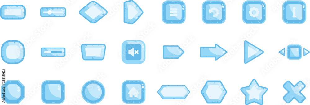 Poster set of ice themed buttons and icons providing interactive elements for game interface design