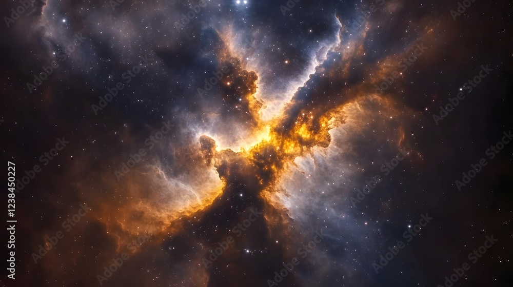 Poster dramatic cosmic explosion with bursts of fiery energy and vibrant colors in a nebula galaxy of the d