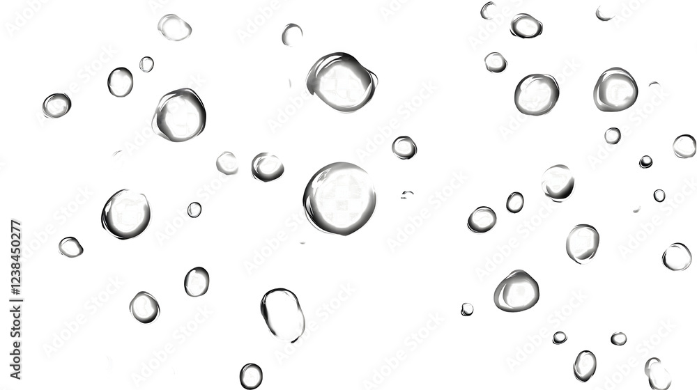 Poster sparkling crystal clear water droplets and bubbles on a transparent reflective surface against a min