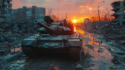Ukrainian tank amidst war-torn city ruins, symbolizing resilience and conflict.