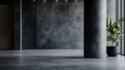Modern dark interior, plant, window, lobby, design