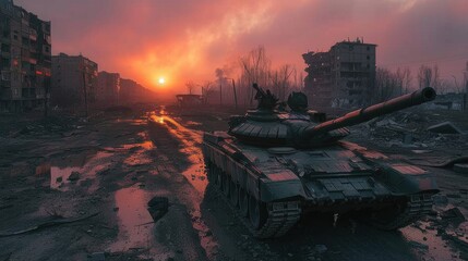 Ukrainian tank amidst war-torn city ruins, symbolizing resilience and conflict.