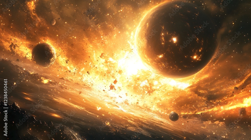 Poster Dramatic cosmic explosion with fiery celestial bodies such as planets asteroids and comets colliding in a turbulent and surreal space scene full of energy atmosphere