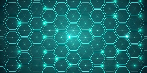Fototapeta premium Abstract Teal Hexagon Grid with Glowing Lights Futuristic Technology Background