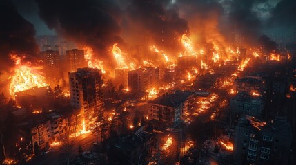 Fototapeta premium Urban buildings engulfed in flames, symbolizing devastation and chaos.