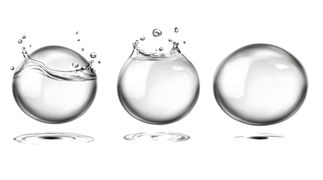 Spherical glass droplets or water bubbles suspended in midair against a simple white backdrop creating a minimalist conceptual composition with reflections ripples