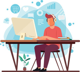 Man working on computer, Business people sitting at office desk, receiving a notification