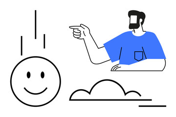 Man with beard in blue shirt pointing towards a happy face, lines above face, cloud below. Ideal for motivation, direction, positivity, guidance, inspiration communication happiness. Abstract line