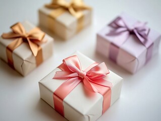 Obraz premium Colorful Wrapped Gifts with Bows on a Soft White Background