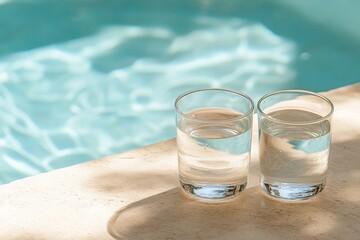 Refreshing glasses of water beside a serene pool on a sunny day in a tropical setting