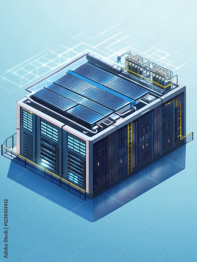 Poster isometric data center architecture concept. dataflow, database engine design, parallel computing fra