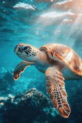 Fototapeta premium Turtle swimming in bright sunshine over ocean waves