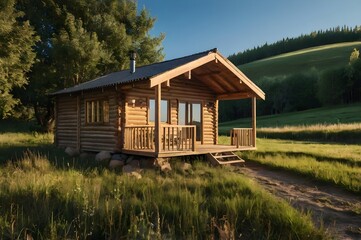 Small wooden cabin in a picturesque rural landscape surrounded by open fields and greenery under a clear blue sky.