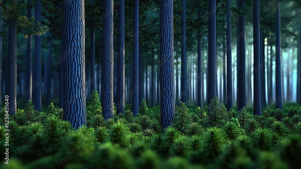 Poster misty forest nature idea. a serene and tranquil view of a dense forest, showcasing tall trees and lu